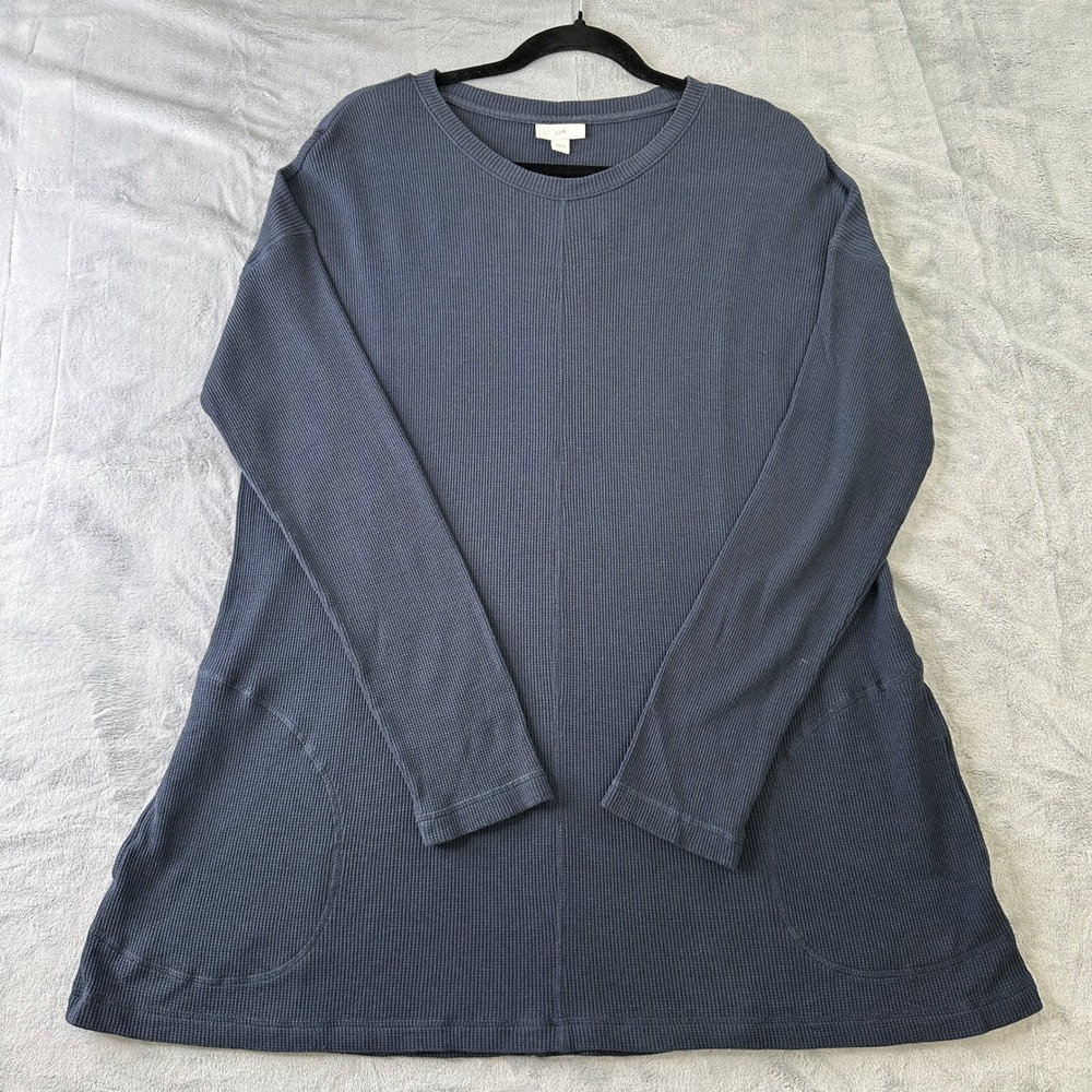 J. Jill Womens Large Waffle Knit Thermal Tunic Top Blue Long Sleeve Pockets L
